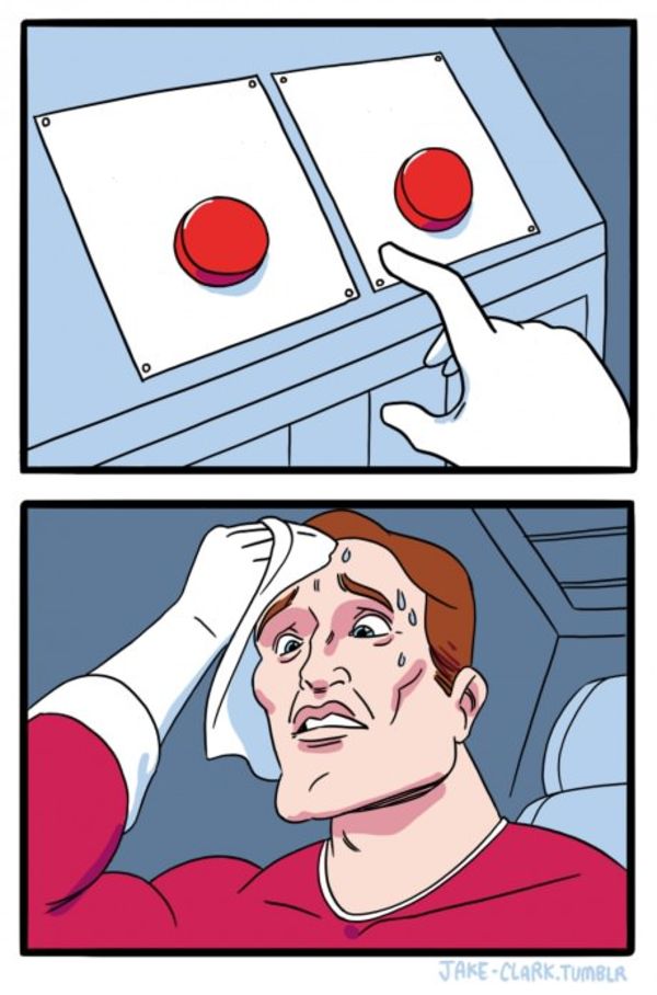 Two Buttons meme about Stoov